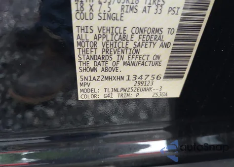 2017 Nissan Murano S z USA, uszkodzony, nr VIN 5N1AZ2MHXHN134756